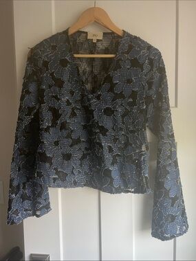 JUST BEE QUEEN blue Floral Lace V-Neck Blouse